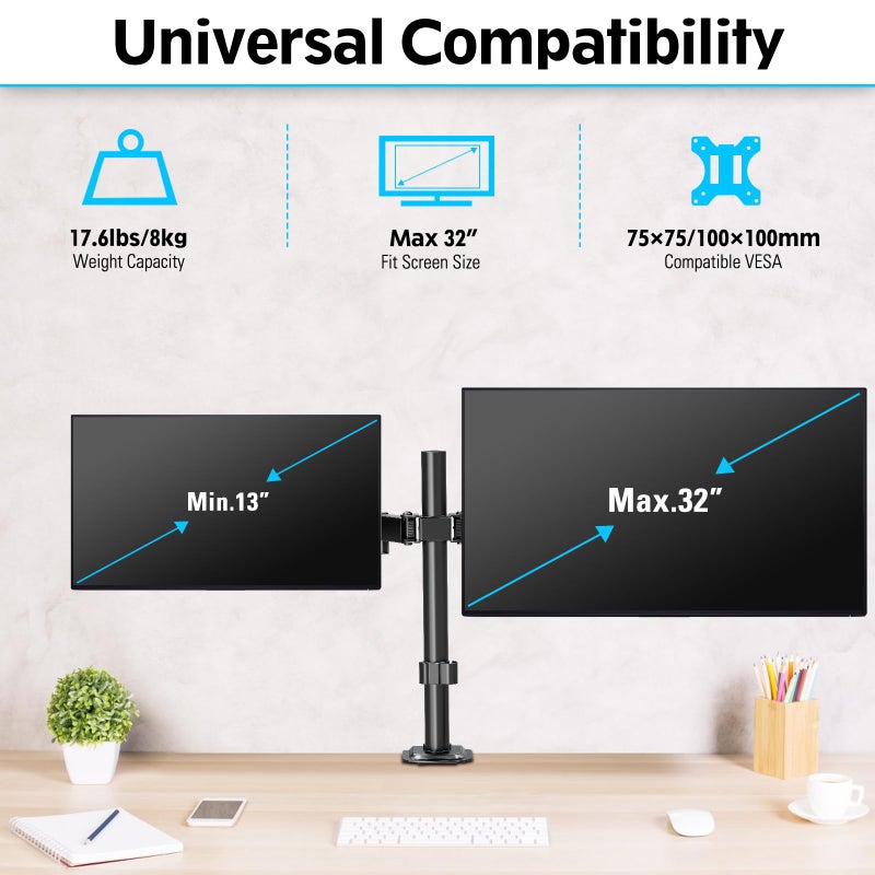 MOUNTUP Dual Monitor Desk Mount, Max 32 Inch up to 17.6lbs, Fully Adjustable Dual Monitor Arm for 2 LCD Screens, Double Monitor Stand with C-Clamp and Grommet Base - Image 5